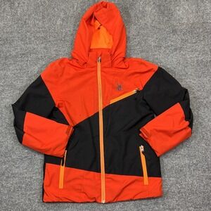Spyder Jacket Kids 12 Orange Black Colorblock Hooded Insulated Ski Winter Snow